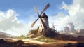 Dreamlike Windmill Concept Art: Nostalgic Charm In Brush Strokes