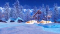 Snowbound illuminated alpine house at winter night