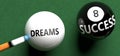 Dreams brings success - pictured as word Dreams on a pool ball, to symbolize that Dreams can initiate success, 3d illustration
