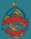 `Dreams come true` poster with peonies frame and mendi style deoration