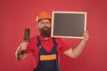 Dreams come true. Skillful plasterer. Successful renovation. Bearded man worker with plastering tool. Plasterer hipster