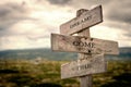 Dreams come true wooden signpost outdoors in nature. Royalty Free Stock Photo