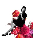 Contemporary art collage. Romantic woman and red flowers. Concept of vintage and retro design, creativity, imagination