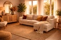 Golden Autumn Living Room with Cream Sectional Sofa, Cane Sideboard, Jute Rug and Fall Window View Royalty Free Stock Photo