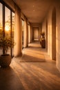 Dreams Style Long Corridor with Sunset Light and Large Windows Royalty Free Stock Photo