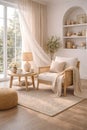 Cozy neutral reading corner with wooden armchair natural light Royalty Free Stock Photo