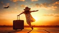 Dreams of travel! Child flying on a suitcase against the backdrop of a sunset Royalty Free Stock Photo