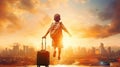 Dreams of travel! Child flying on a suitcase against the backdrop of a sunset Royalty Free Stock Photo