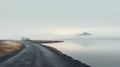 Dreamscape Portraiture: Tranquil Still Life Of An Empty Road Crossing A Lake And Mountains In The Fog