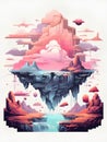 Dreamscape Serenity Pixelated Pink Flies Dance on Nostalgic Mountain Peaks a Surreal Digital Oasis