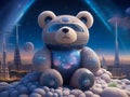 A dreamscape of teddy bear planet, fantasy, cityscape, celestial sky above