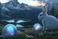 dreamscape, white rabbit and Easter eggs in the mountains Royalty Free Stock Photo