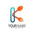 Logo letter k, restaurant logo with spoon and fork Royalty Free Stock Photo