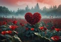 Blooming Affection: Illustrative Field of Red Flowers with Giant Floral Heart Royalty Free Stock Photo