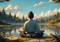 Meditation by the Beauty Lake: Anime Serenity Royalty Free Stock Photo