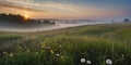 Sunset Meadow Panorama: Pastel Sunrise Amidst Mountains