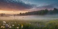 Meadow Panorama: Pastel Sunrise Amidst Mountains and flying birds
