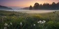 Golden Hour Meadow Panorama: Pastel Sunrise Amidst Mountains