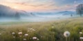 Misty Meadow Panorama: Pastel Sunrise Amidst Mountains
