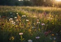 Golden Hour Wildflowers: Serene Field Bathed in Sunlight Royalty Free Stock Photo