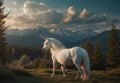 Sunset Serenity: White Unicorn Amidst Mountainous Landscape