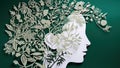 Papercut head with green leaves and flowers. Mental health, emotional wellness, contented emotions, self care, psychology, green Royalty Free Stock Photo