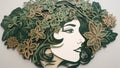 Papercut head with green leaves and flowers. Mental health, emotional wellness, contented emotions, self care, psychology, green Royalty Free Stock Photo