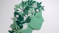 Papercut head with green leaves and flowers. Mental health, emotional wellness, contented emotions, self care, psychology, green Royalty Free Stock Photo