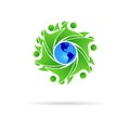 Teamwork green people together around the globe unity vector logo. globe, education.