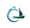 Water Wave spash symbol with a boat icon Logo Template. Abstract, sailing.