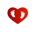Baby care logo, Foot print vector icon with heart shape, Feet tacks vector illustration