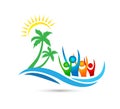 Traveling, travel, Beach happy people logo water wave Hotel tourism holiday summer coconut palm tree vector logo design Royalty Free Stock Photo