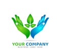 Green Leaf holding hands icon care in hands logo Royalty Free Stock Photo