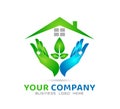 Green house community model abstract, leaf in hands real estate logo vector.