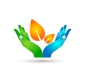 Leaf holding hands icon care in hands logo Royalty Free Stock Photo