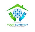 House community model abstract, Globe in hands real estate logo vector.