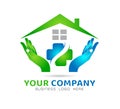 House community model abstract, Healthcare icon in hands real estate logo vector.