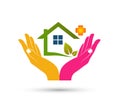 Green house community model abstract, leaf in hands real estate logo vector.