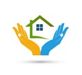 House community model abstract in hands real estate logo vector.