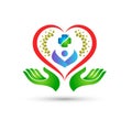 Heart green logo people healthcare in hands together vector best quality logo design for your company.