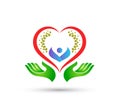 Heart green logo people healthcare in hands together vector best quality logo design for your company.