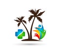 Beach tree Hotel tourism holiday sundown evening summer beach coconut palm tree vector logo design on white background