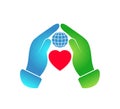 Globe, heart protected by hand flat icon. Royalty Free Stock Photo