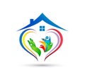 People union team work celebrating happyness family home logo/Love Union happy Heart shaped home house logo.