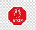 Stop road sign with hand gesture. New red do not enter traffic sign. Caution ban symbol direction sign. Warning stop signs. Royalty Free Stock Photo