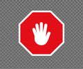 Stop road sign with hand gesture. New red do not enter traffic sign. Caution ban symbol direction sign. Warning stop signs. Royalty Free Stock Photo