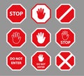 Set of stop road signs with hand gesture. Red do not enter traffic sign. Caution ban symbol direction sign. Warning stop signs. Royalty Free Stock Photo