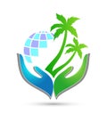 Hotel tourism holiday summer hands globe coconut palm tree vector logo design Coast icon Royalty Free Stock Photo