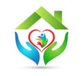 Family in happy union logo, family, parent, kids, blue heart shaped love, parenting, care, symbol icon design vector icon logo. Royalty Free Stock Photo