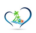 Family in happy union, Beach logo water wave Hotel tourism holiday summer beach coconut palm tree in heart shape vector logo Royalty Free Stock Photo